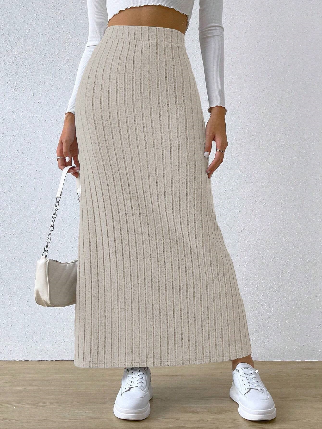 High Waisted Ribbed Slit Midi Skirt