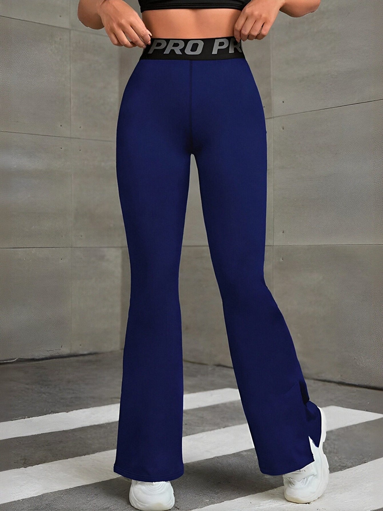 Lettered Waistband Wide-Leg Split-Hem Paneled Yoga Pants-Black