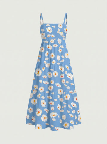 FLORA Floral Print Tiered Strap Midi Dress
