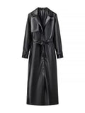 Elegant Belted Faux Leather Trench Coat