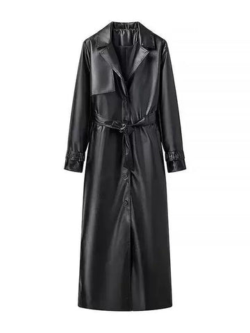 Elegant Belted Faux Leather Trench Coat