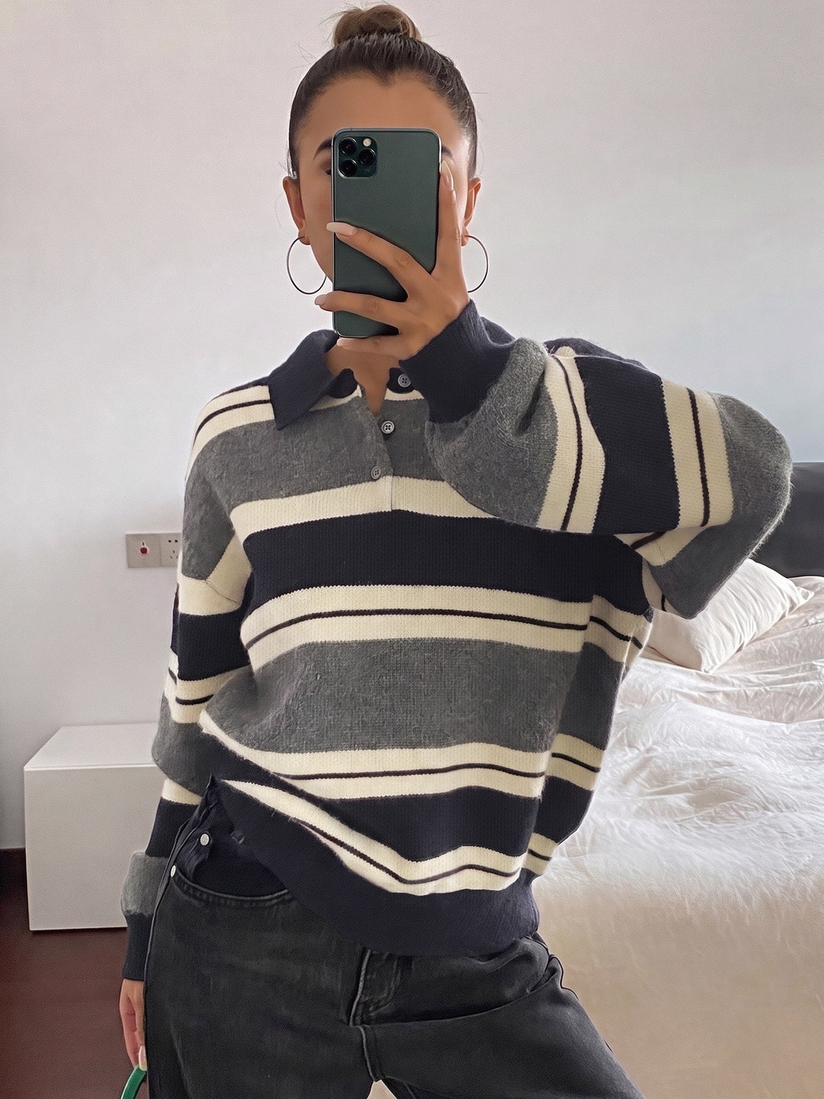 Oversized Striped Polo Collar Sweater