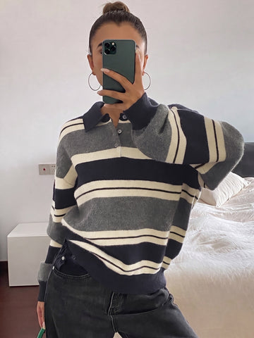 Oversized Striped Polo Collar Sweater