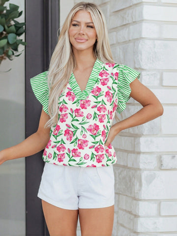 Floral Flutter Sleeve Chiffon Blouse
