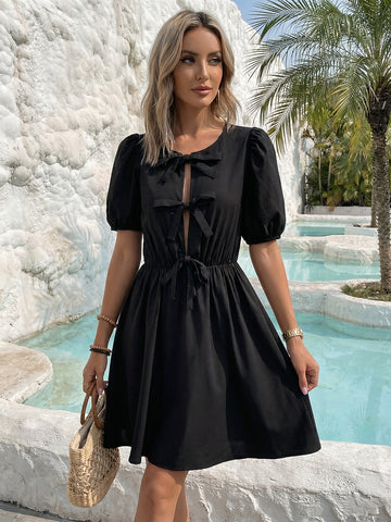 Puff Sleeve Oversized Bow Elegant Mini Dress-Multicolor