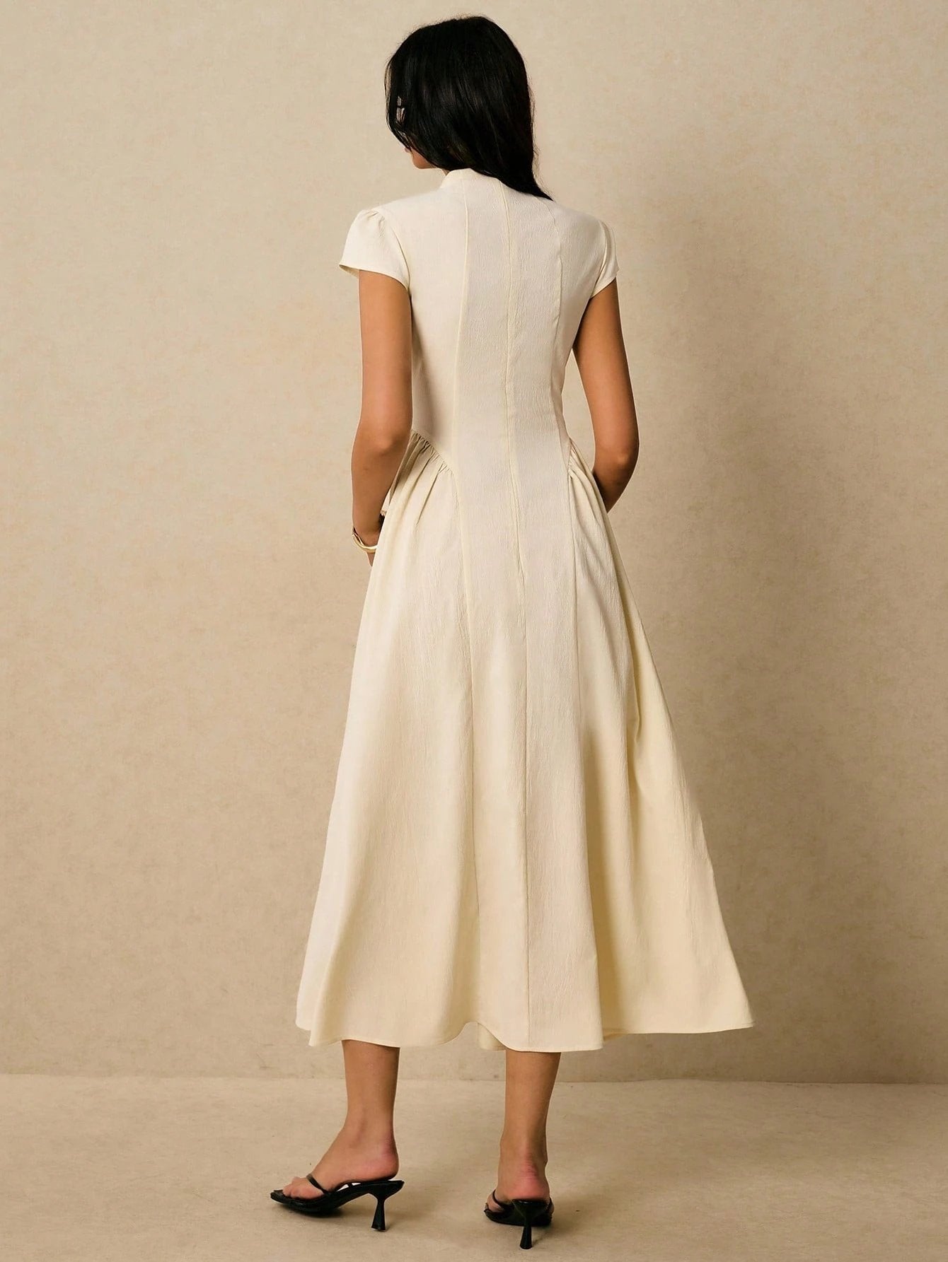 High-Neck Cap-Sleeve Draped Elegant Dress-Cream