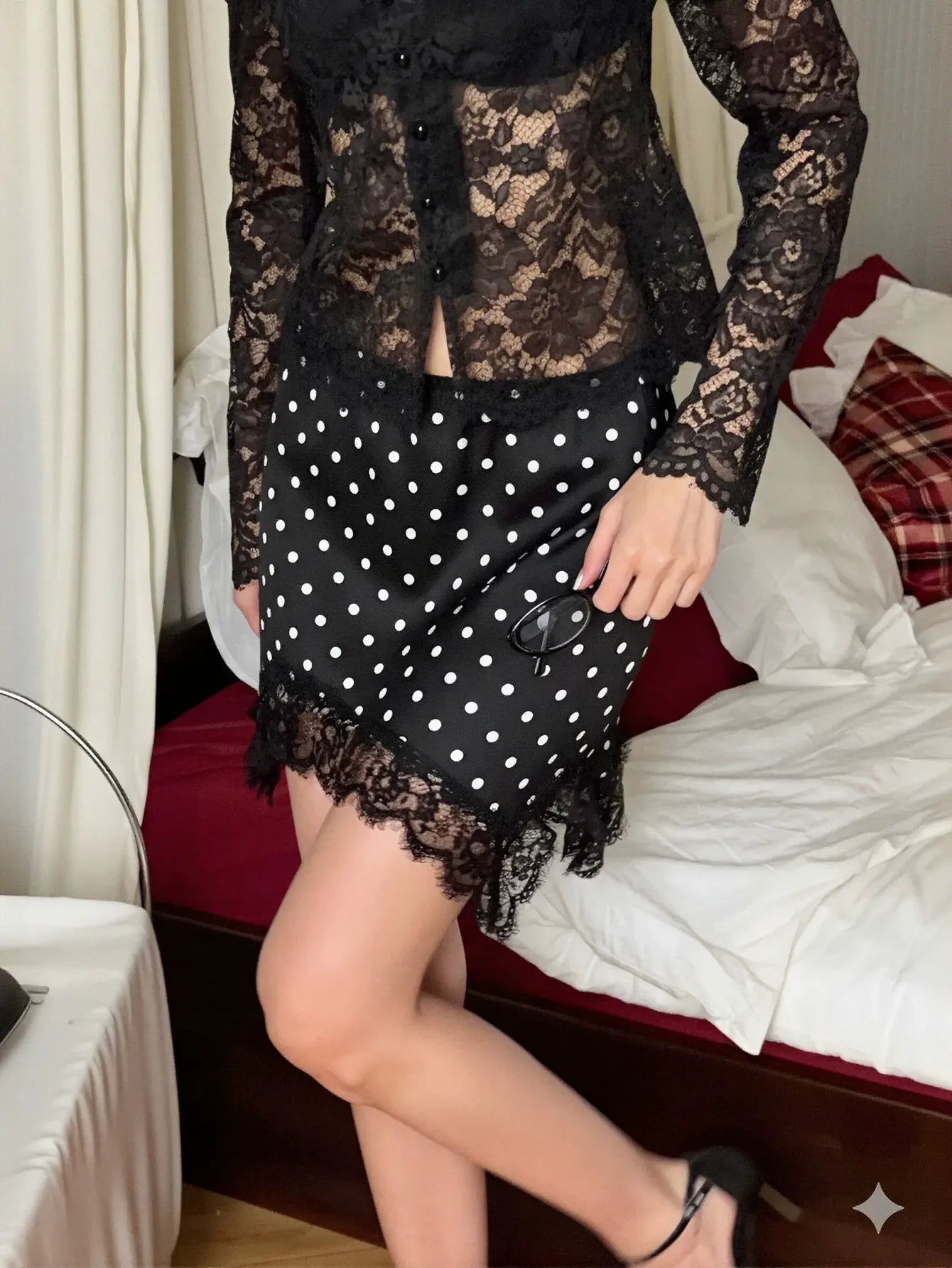 Polka Dot Lace Trim Mini Skirt