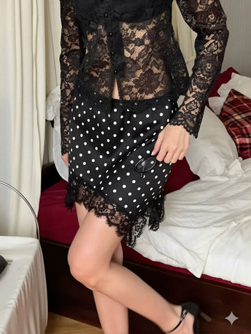 Polka Dot Lace Trim Mini Skirt