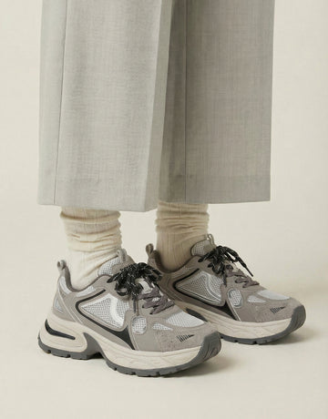 Mesh Upper Chunky Sole Vintage Sneakers-Gray
