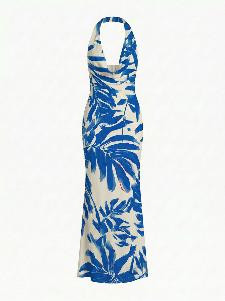 LILA Blue Palm Print Cowl Neck Bodycon Maxi Dress