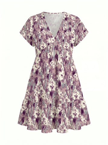 EVA Floral Print V Neck Tiered Babydoll Mini Dress