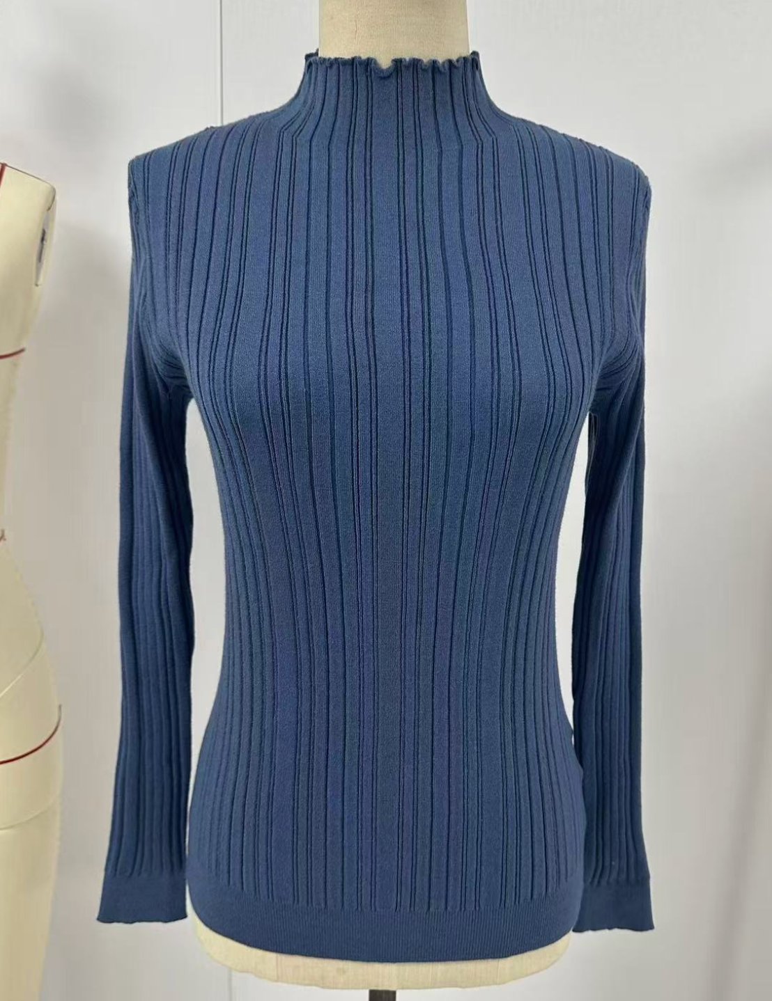 Ribbed Lettuce Edge Mock Neck Sweater