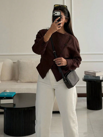 Asymmetric Button Linen Blend Jacket