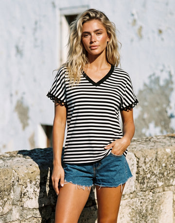 Striped Lace Trim V Neck T-Shirt