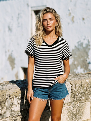 Striped Lace Trim V Neck T-Shirt