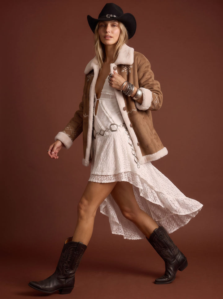 Embroidered Snowflake Faux Suede Sherpa Coat