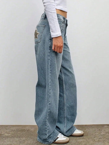 Leopard Star Print Wide Leg Jeans