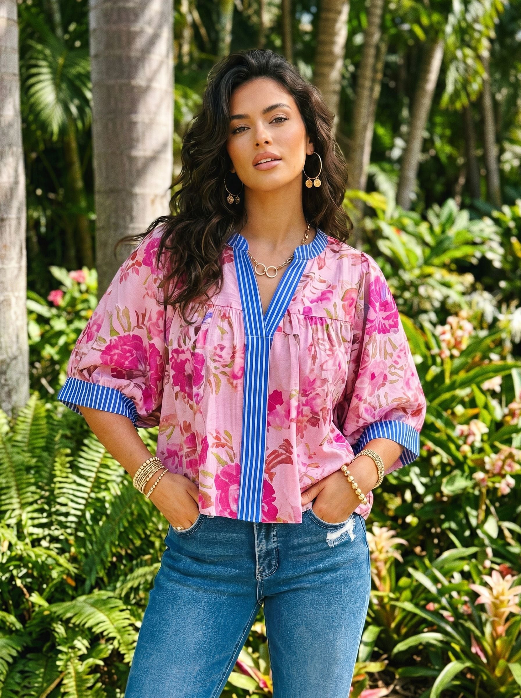 Floral Print Striped Trim Blouse