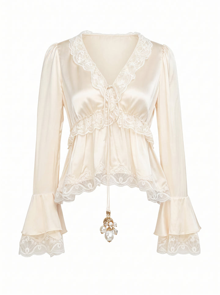 Elegant Lace Trim Satin Blouse