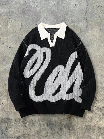Oversized Graphic Collared Knit Sweater