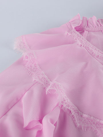 Ruffle Trim Lace Button Down Shirt