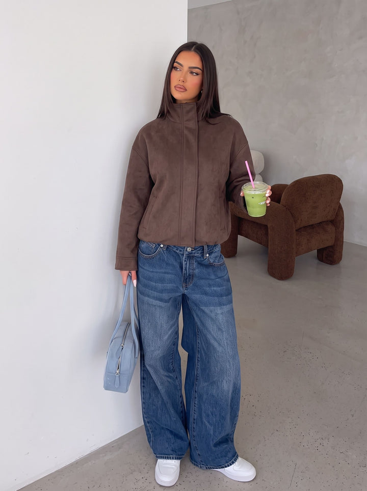 Chic Brown Suede Stand Collar Jacket