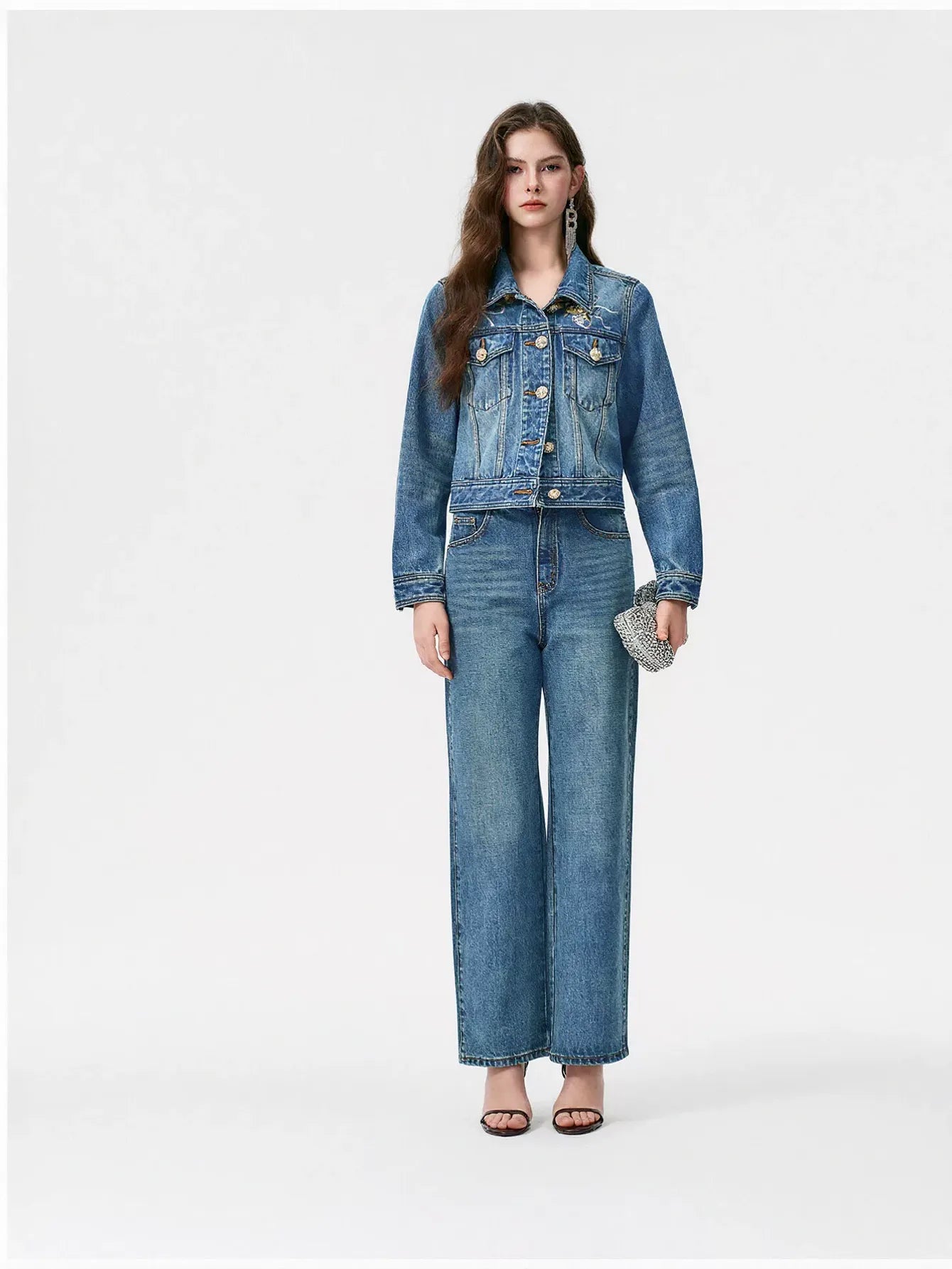 Embroidered Floral Gold Button Denim Jacket