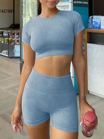 Seamless Acid Wash Yoga Shorts Set
