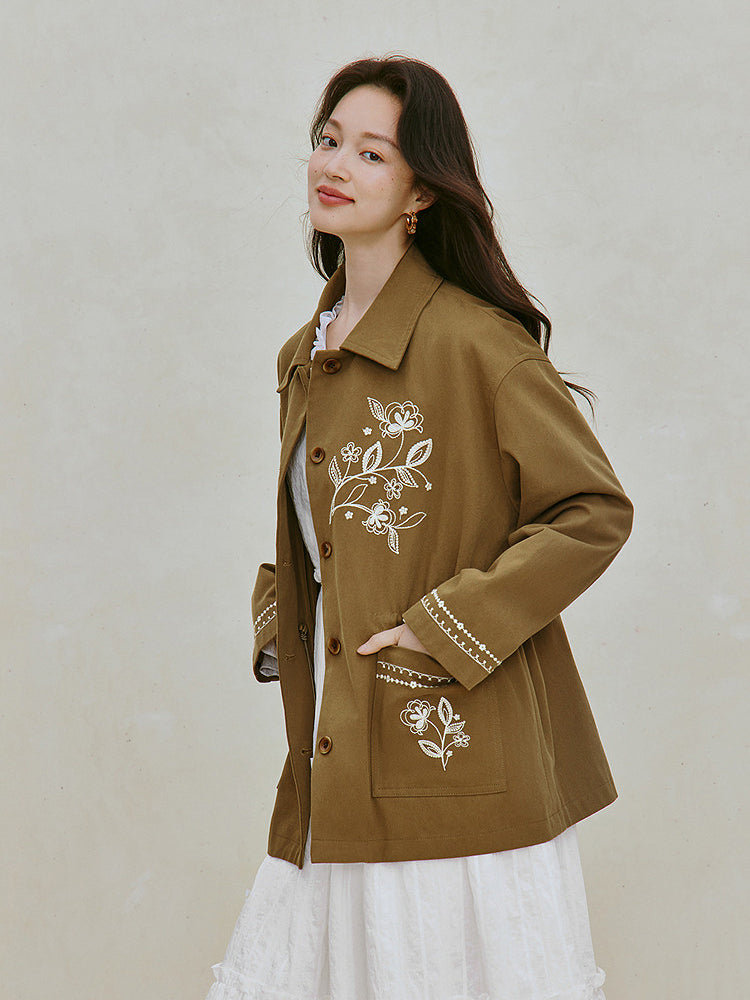 Floral Embroidered Cotton Utility Jacket