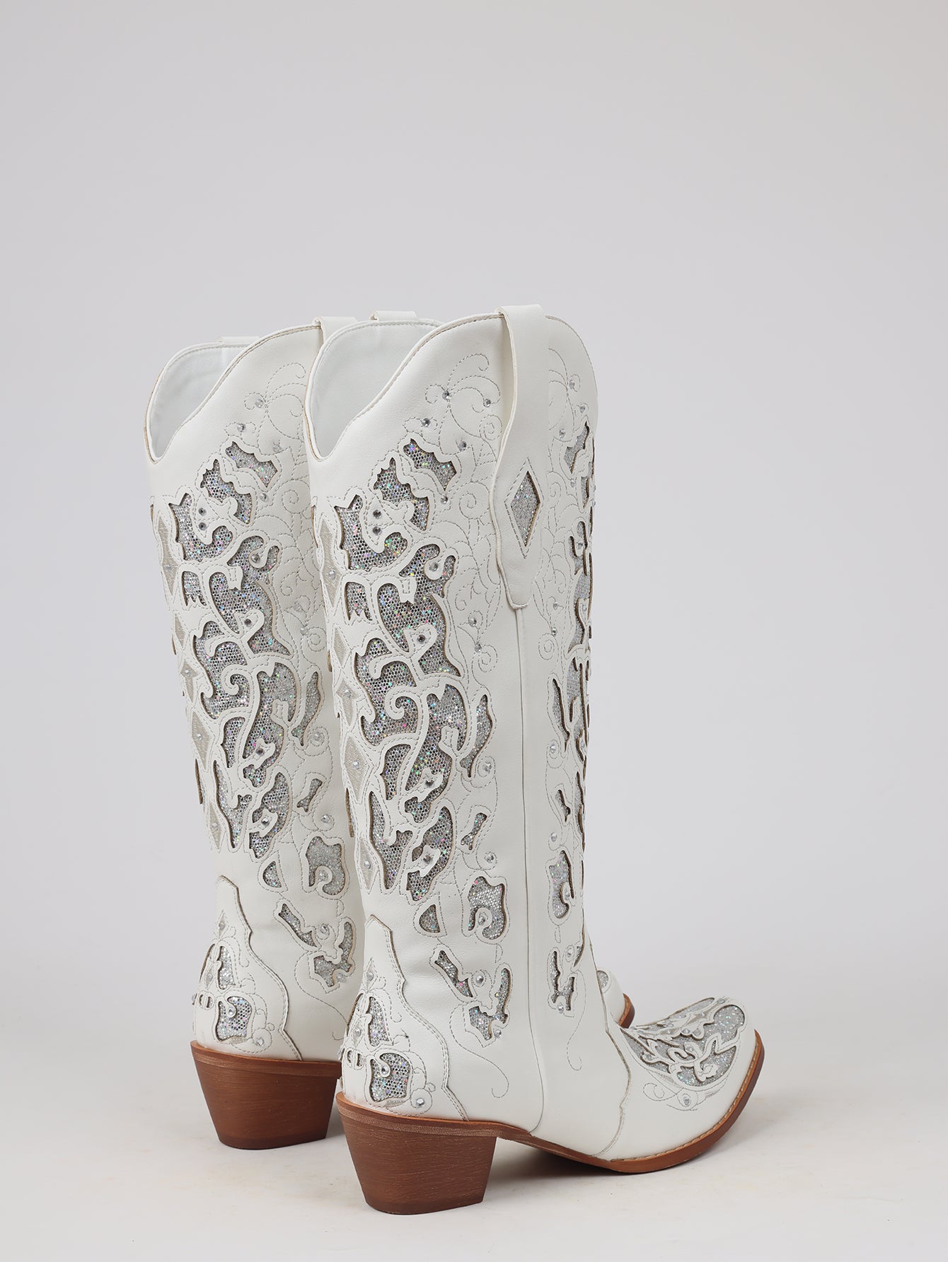 Glitter Cutout Pointed Toe Glamorous Cowboy Boots-White
