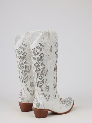 Glitter Cutout Pointed Toe Glamorous Cowboy Boots-White