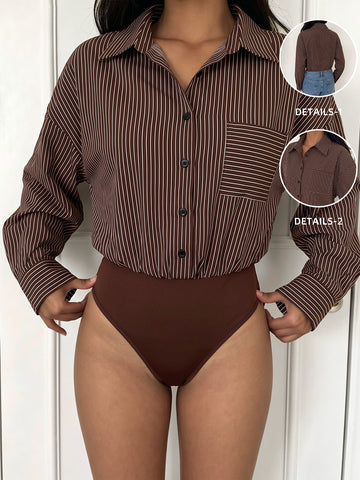 Oversized Striped Button Down Bodysuit