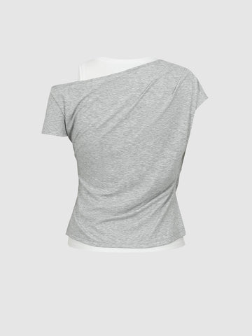 2 In 1 Contrast Asymmetric Draped T-Shirt