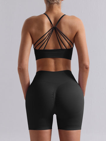 Solid Shoulder Strap Sports Bra High-Waisted Shorts Set
