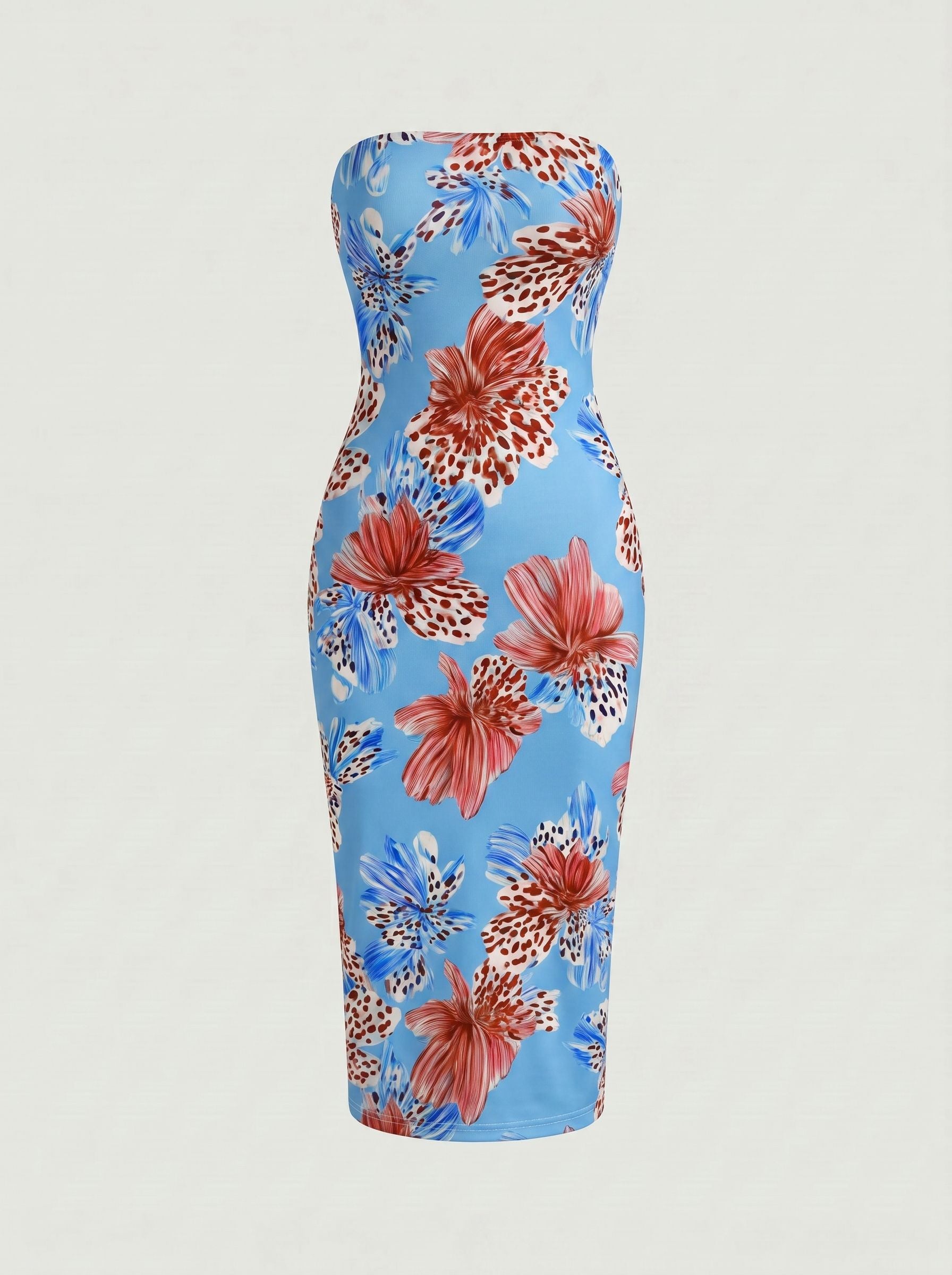 MAIA Floral Print Strapless Sheath Midi Dress