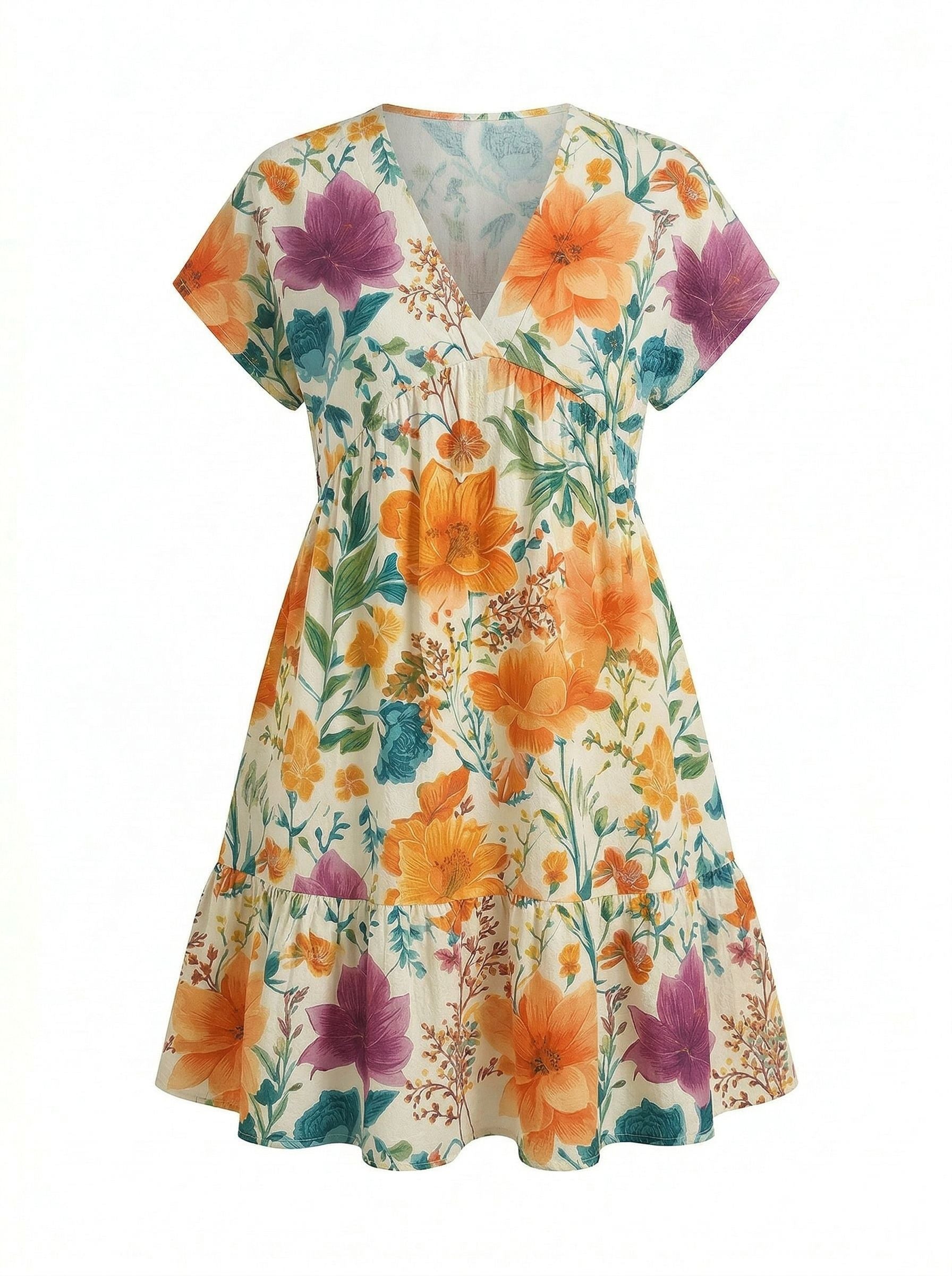EVA Floral Print V Neck Tiered Babydoll Mini Dress