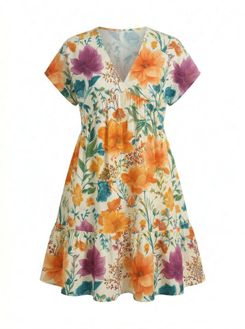 EVA Floral Print V Neck Tiered Babydoll Mini Dress