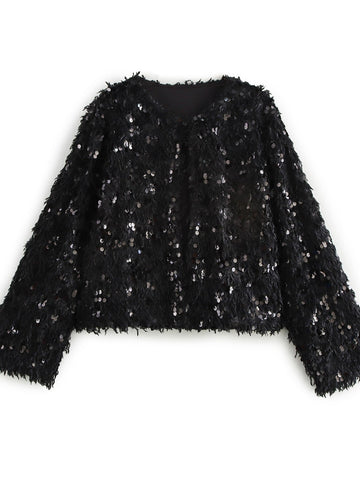 Shimmering Sequin Fringe Crop Jacket