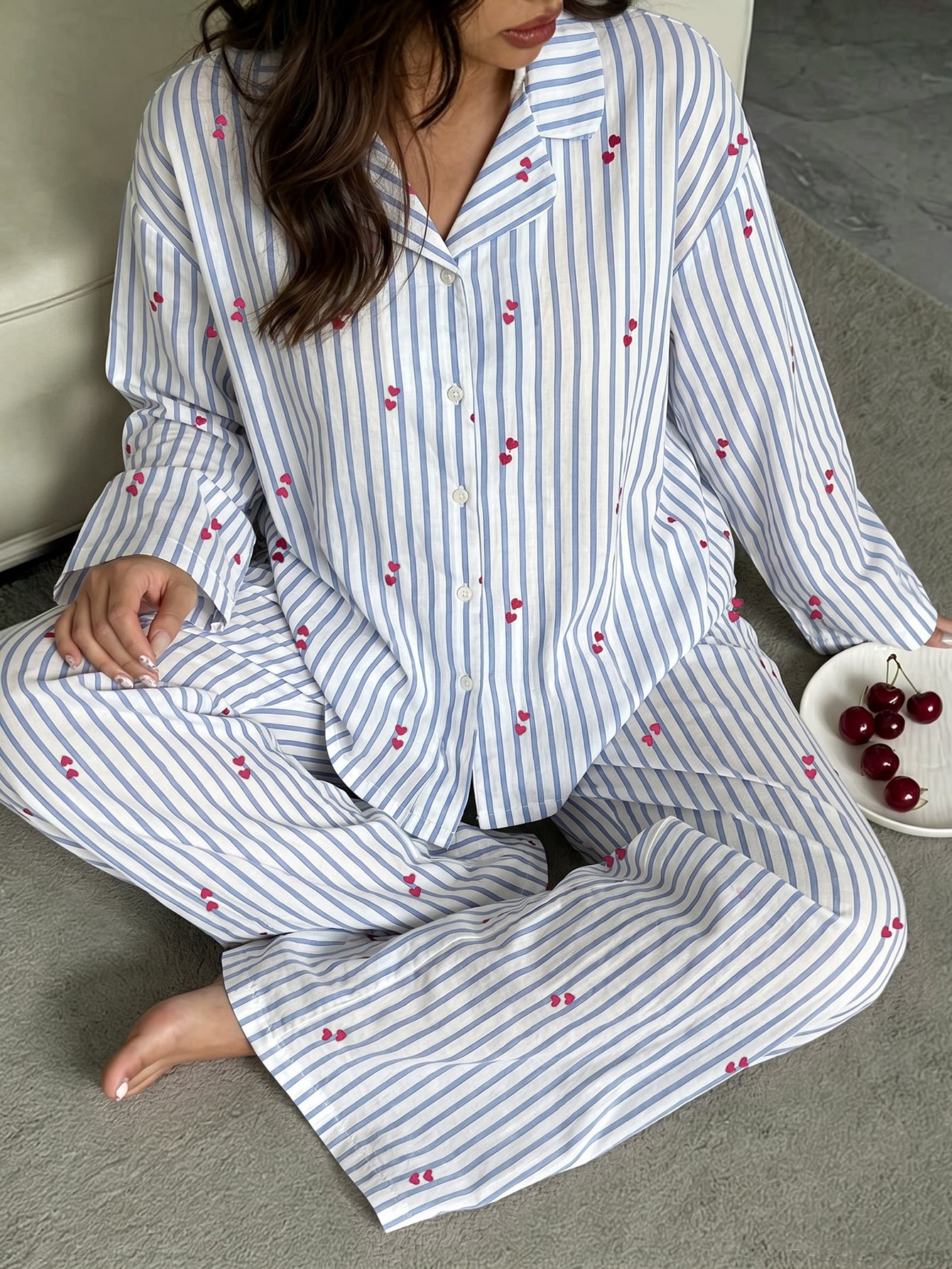 Soft Striped Heart Print Pajama Set