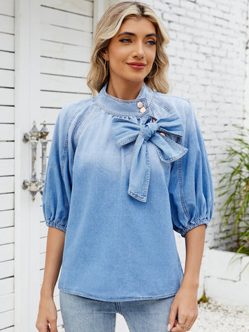 Bow Detail Puff Sleeve Denim Blouse