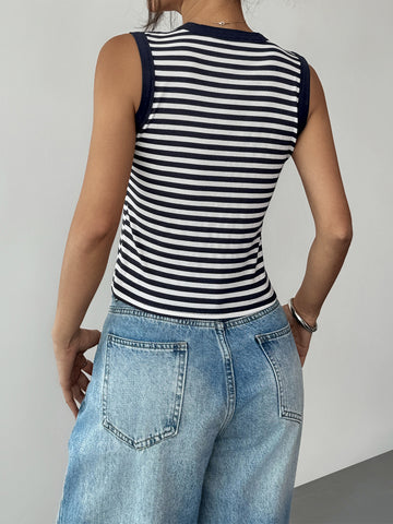 Striped Henley Neck Sleeveless Retro Camisole
