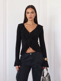 Ruffled V Neck Long Sleeve Pullover