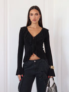 Ruffled V Neck Long Sleeve Pullover