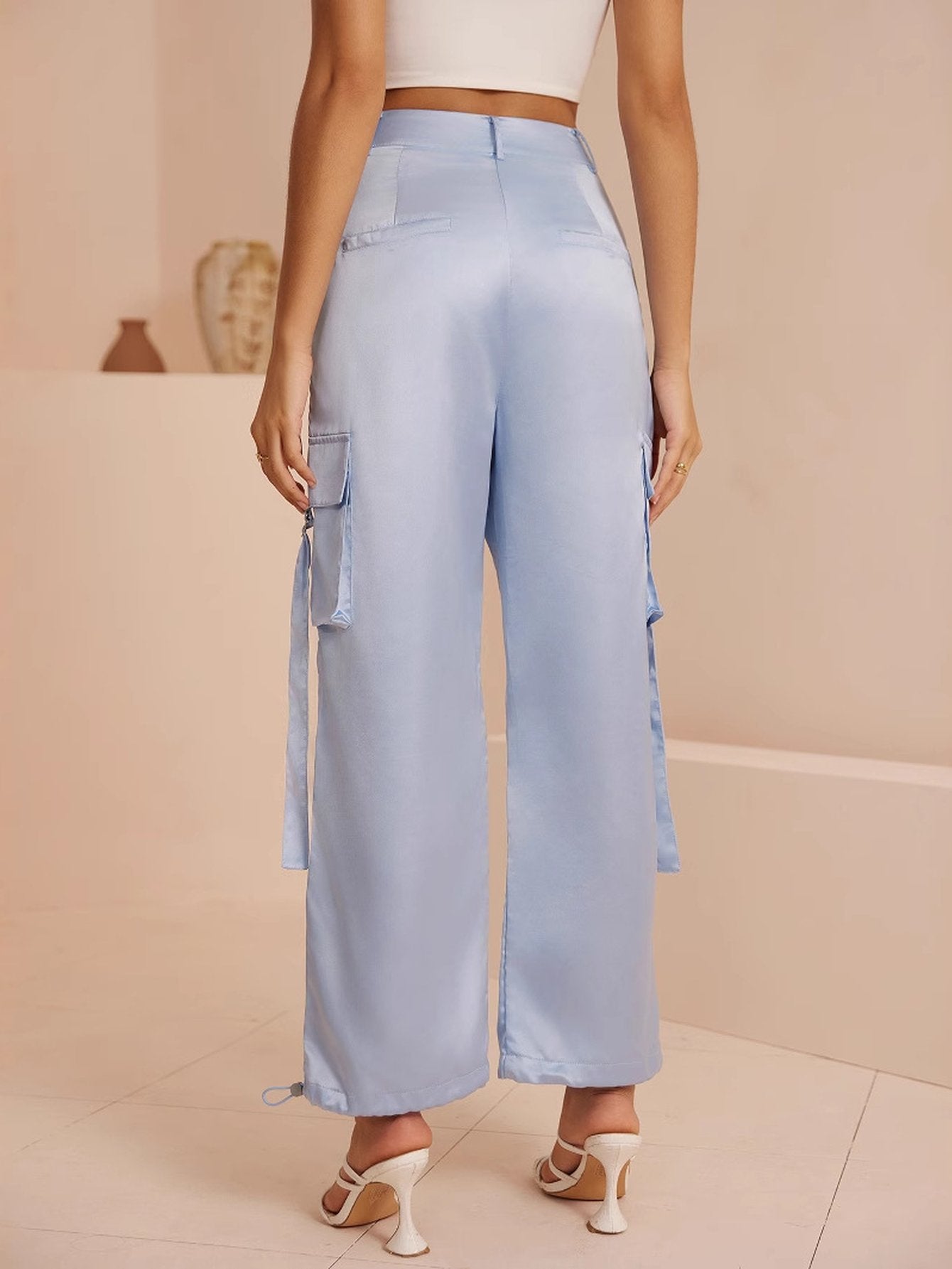 Utility Pocket Drawstring-Cargo Pants-Light Blue