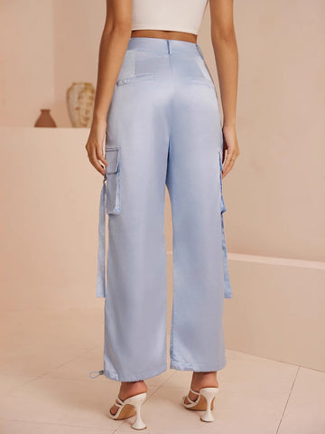 Utility Pocket Drawstring-Cargo Pants-Light Blue