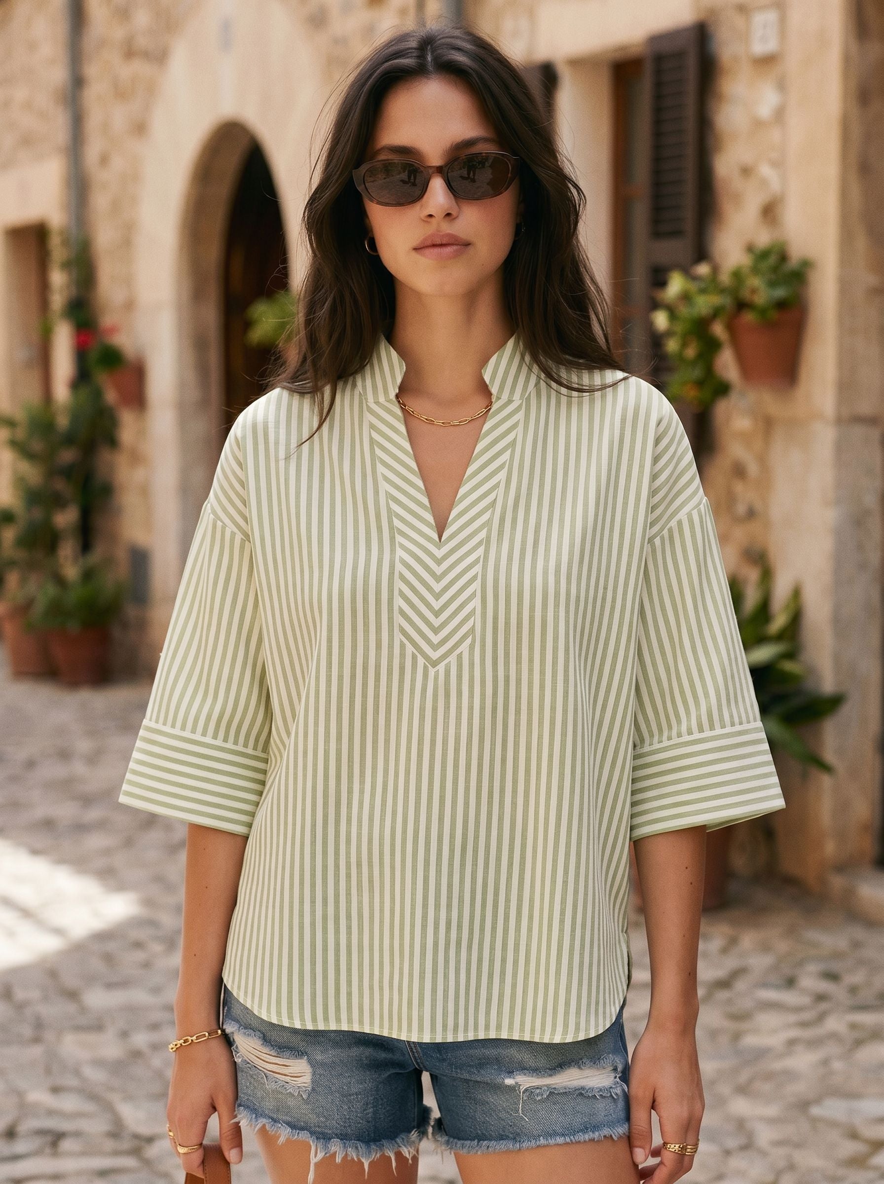Casual Striped V Neck Chiffon Blouse