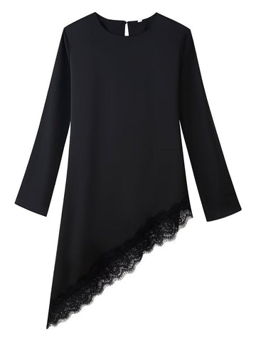 Asymmetric Lace Trim Long Sleeve Dress