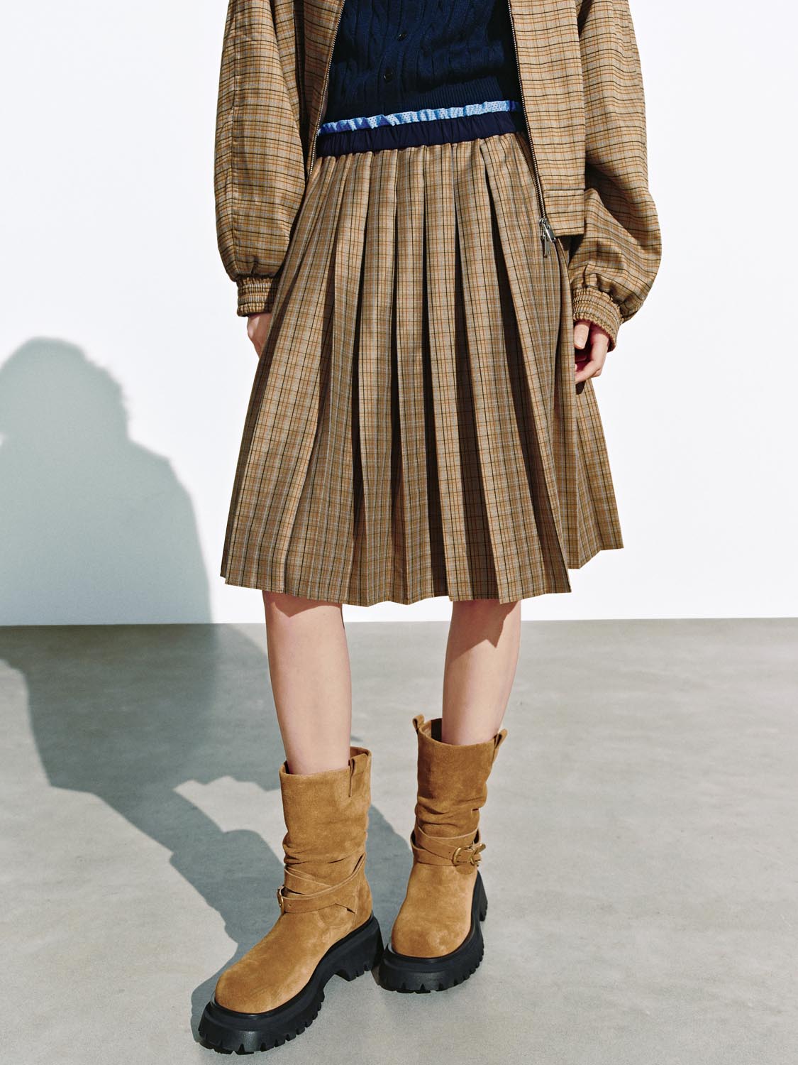 Urban Revivo 2 In 1 Layered Check Midi Skirts-Brown Check