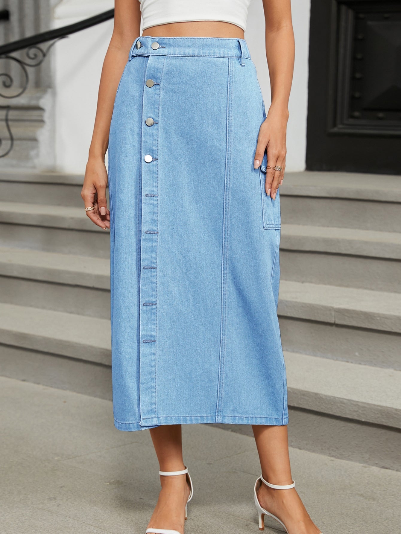 Button Down High Waisted Denim Skirt