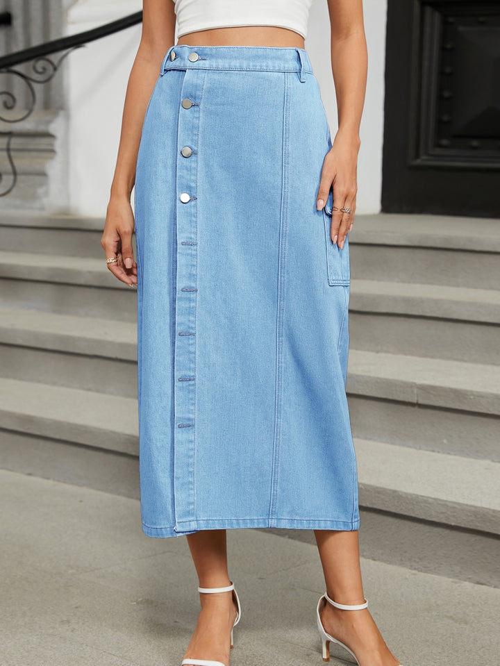 Button Down High Waisted Denim Skirt